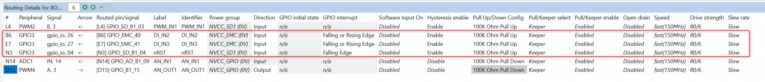 MCUXpresso Config Tools routing table showing GPIO3 inputs configured for falling/rising edge with hysteresis enabled and 100K pull-up